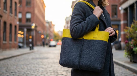 Wool Felt Tote Bag: Two-Tone Charcoal and Mustard Shoulder Bag