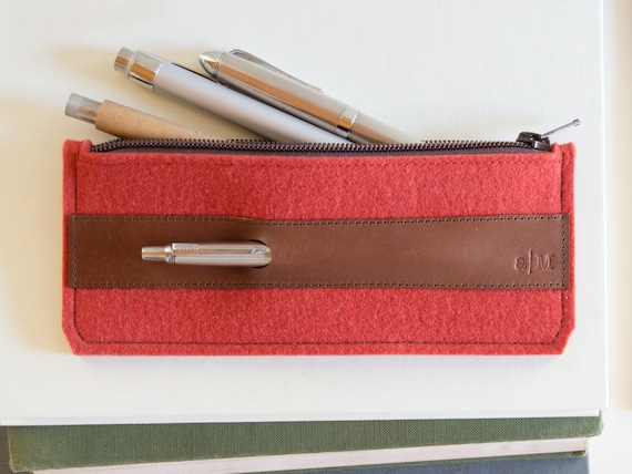 Felt and leather PENCIL CASE - orange and brown - made in Italy