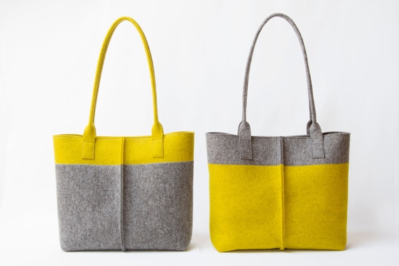 Wool Felt Tote Bag: Grey & Mustard Two-Tone Shoulder Bag