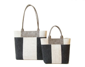 Three-tone TOTE BAG - charcoal-grey-oatmeal - wool felt tote bag - womens bag - felt shoulder bag - grey bag - made in Italy
