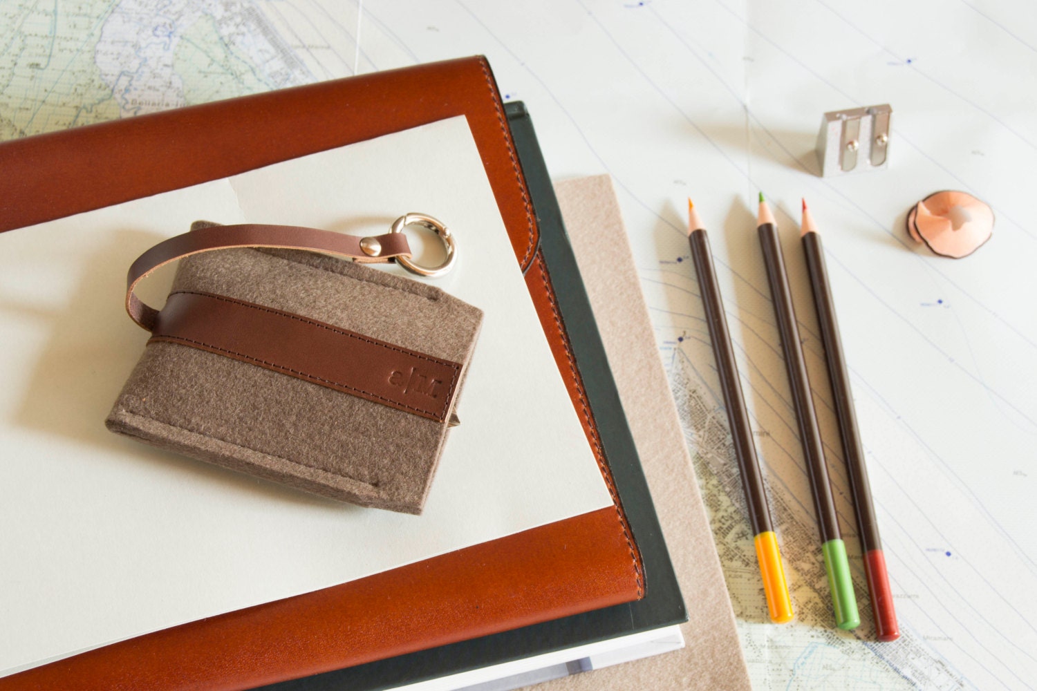 Felt and leather KEY HOLDER taupe and dark brown made in Italy