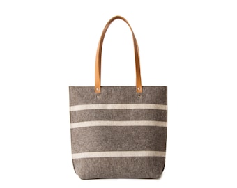 Striped TOTE BAG with leather straps - grey and oatmeal - womens bag - wool felt tote bag - felt shoulder bag - made in Italy