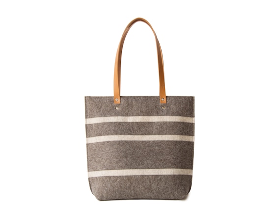Striped TOTE BAG with leather straps - grey and oatmeal - made in Italy