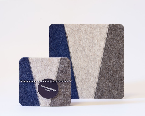 Set of felt coasters - blue and gray - square coasters - made in Italy
