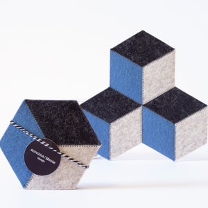 Set of light blue and gray felt coasters hexagonal coasters wool felt coasters geometric coasters housewarming gift made in Italy Charcoal