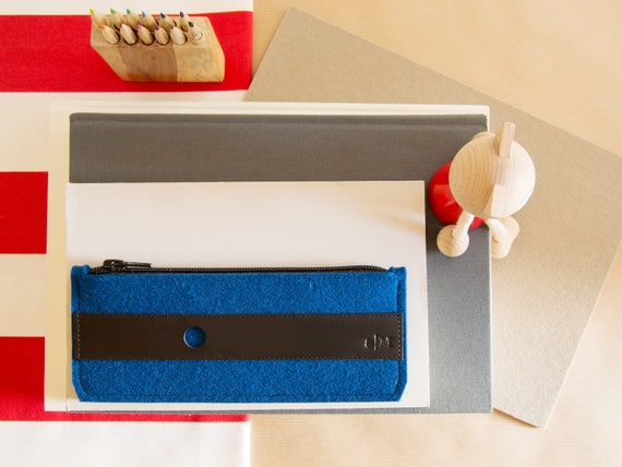 Felt and leather PENCIL CASE - deep blue and black - made in Italy