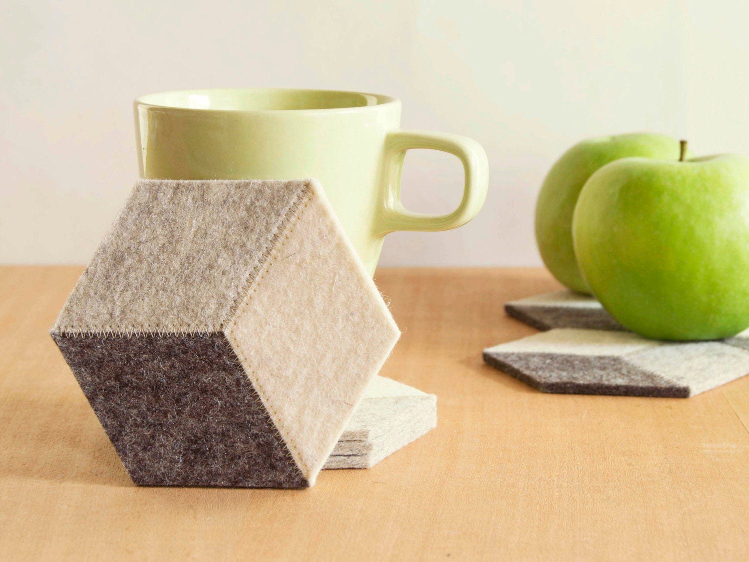 Set of light grey felt coasters, geometric, stylish coasters, wool felt
