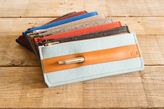 Felt and leather PENCIL CASE - ice blue and tan - made in Italy