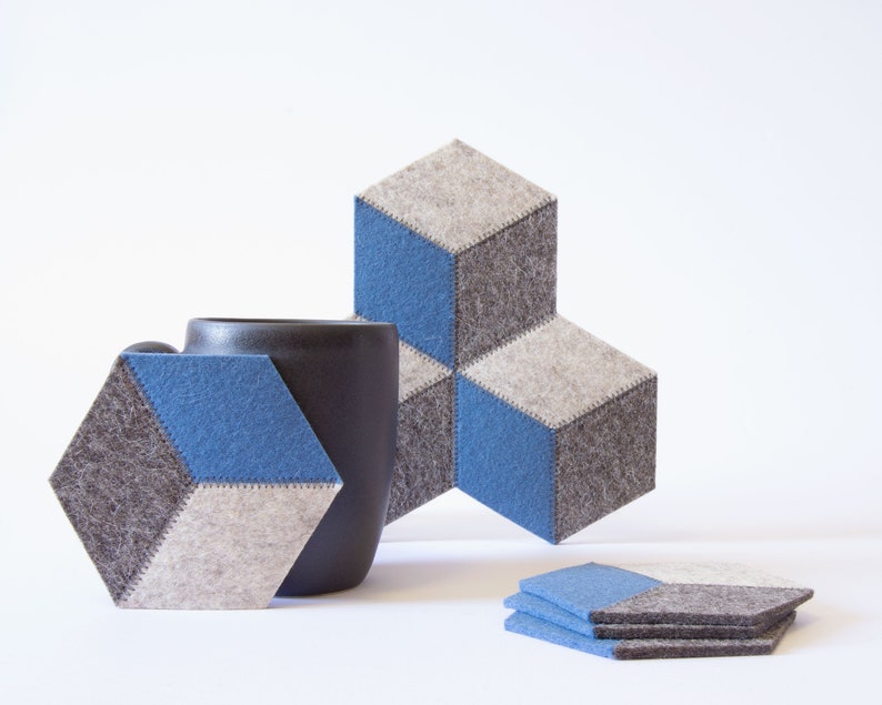 Set of light blue and gray felt coasters hexagonal coasters wool felt coasters geometric coasters housewarming gift made in Italy Warm gray