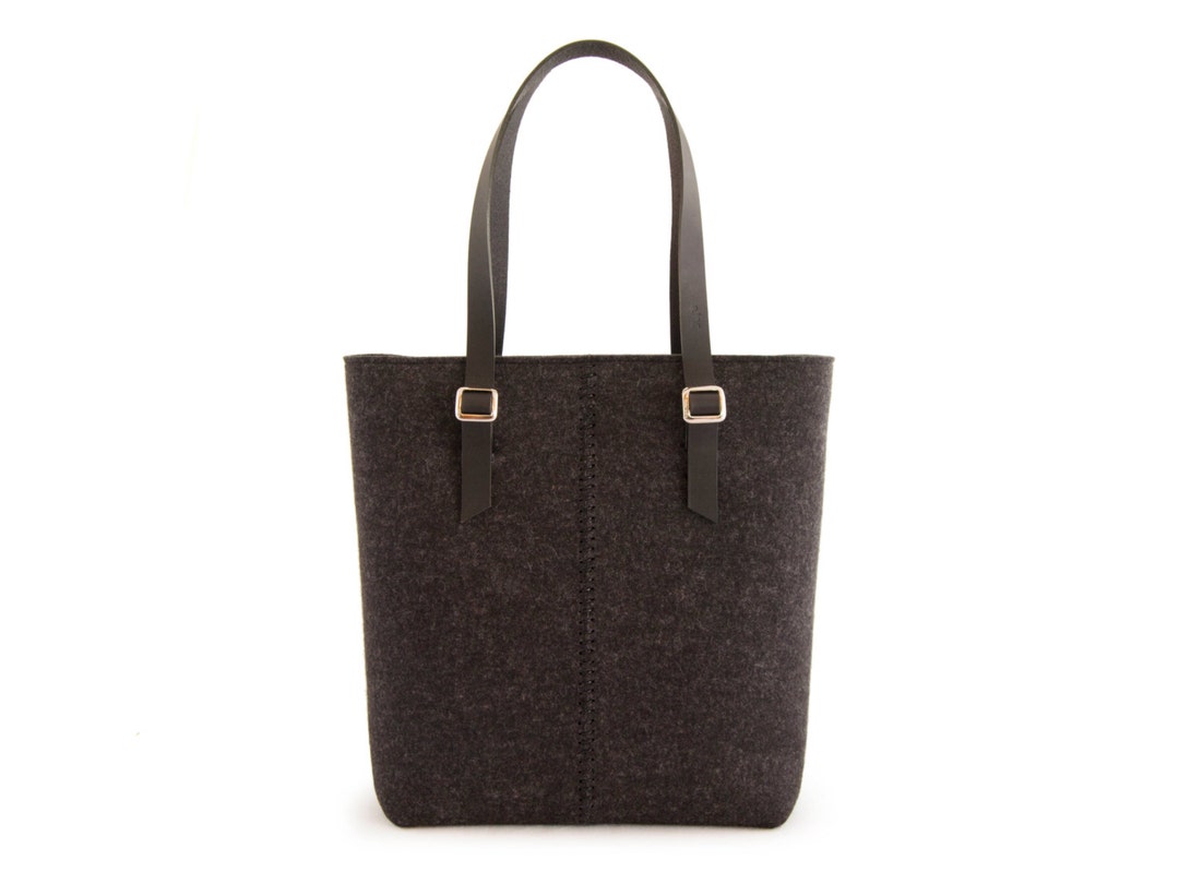 Wool Felt TOTE BAG With Leather Straps Charcoal Felt Women's Bag Made