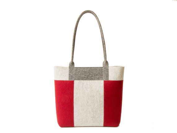 Three-tone TOTE BAG - red-grey-oatmeal - made in Italy