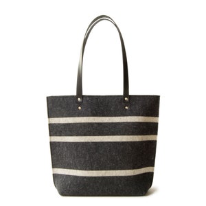 Striped Wool Felt Tote Bag: Charcoal & Oatmeal, Leather Straps, Made in Italy