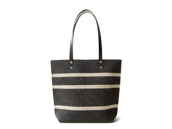 Striped TOTE BAG with leather straps - charcoal and oatmeal - made in Italy