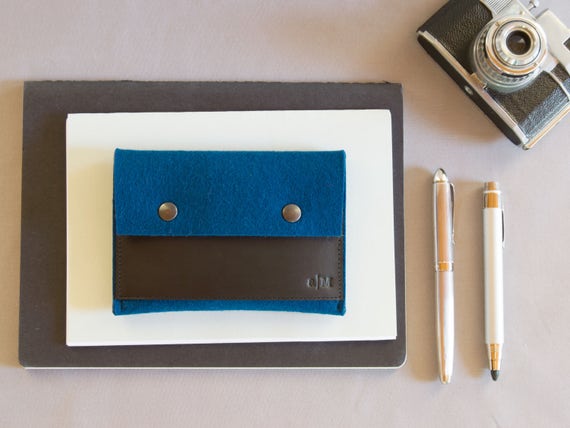 Felt and leather PASSPORT WALLET - deep blue and black - made in Italy