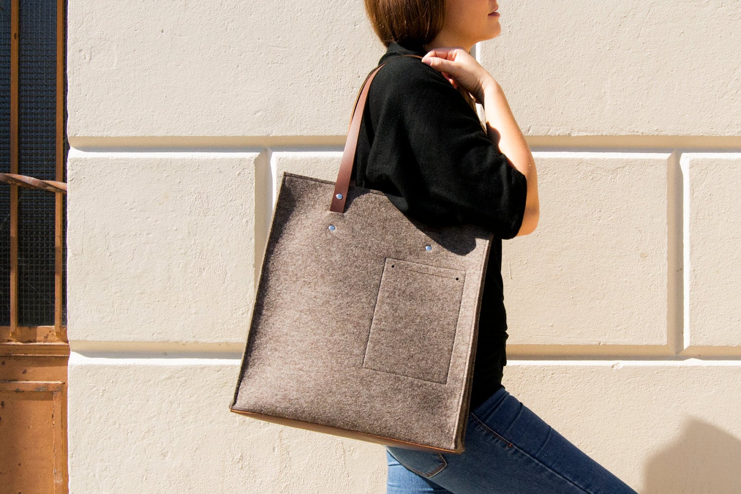 Felt TOTE BAG with leather straps - natural gray - made in Italy