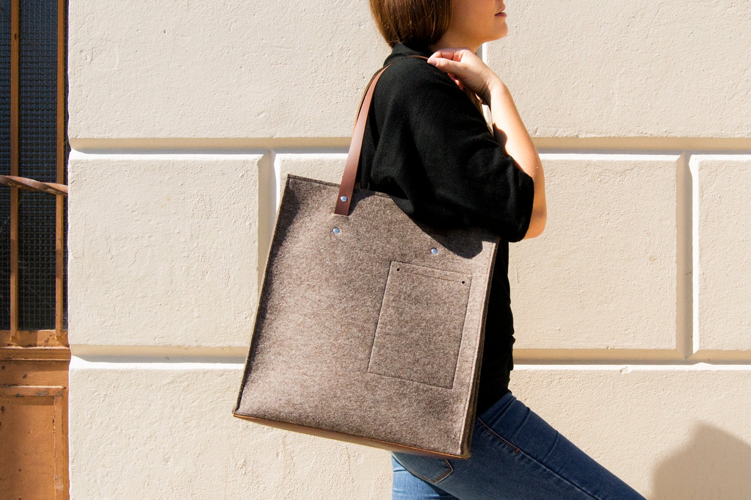 Felt TOTE BAG with leather straps natural gray made in Italy