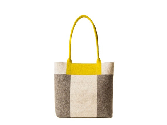 Three-tone TOTE BAG - oatmeal-grey-mustard - made in Italy