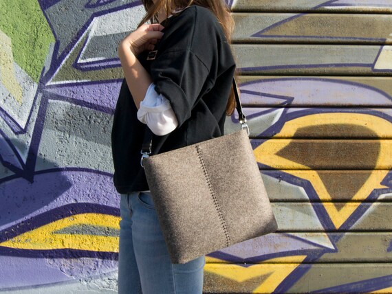 Wool Felt Crossbody Bag: Handmade Leather Strap Shoulder Purse