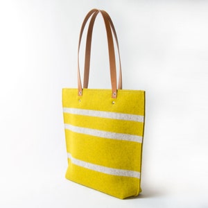 Striped TOTE BAG with leather straps mustard and oatmeal womens bag wool felt tote bag felt shoulder bag made in Italy image 2