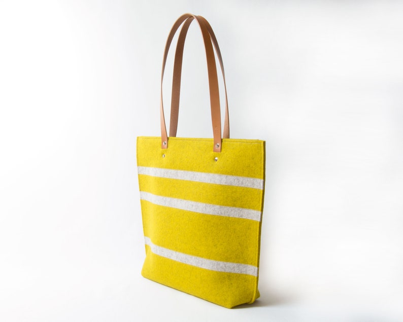 Striped TOTE BAG with leather straps mustard and oatmeal womens bag wool felt tote bag felt shoulder bag made in Italy image 2