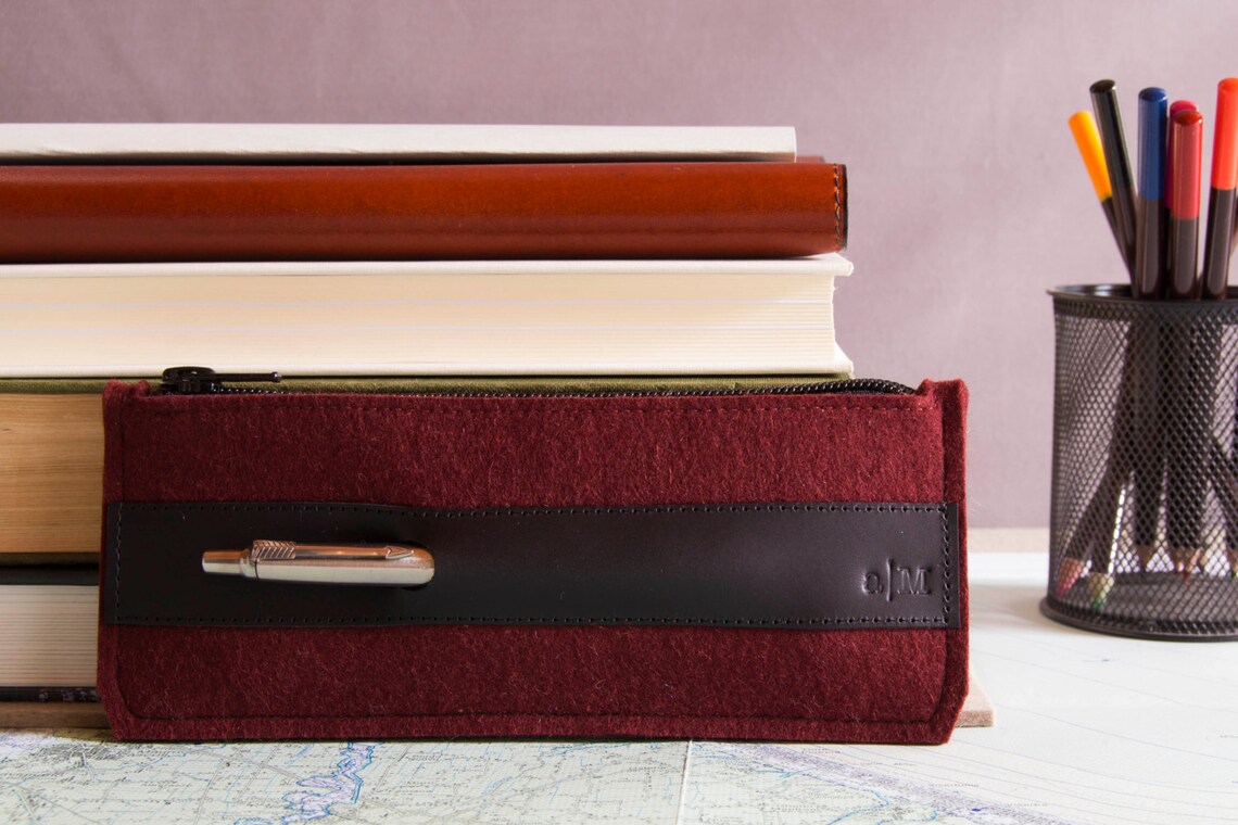 Felt and leather PENCIL CASE sunglasses case pen holder Etsy