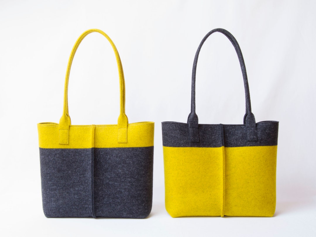Wool Felt TOTE BAG Charcoal and Mustard Two Tone Tote Bag Etsy
