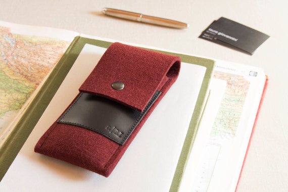 Felt and leather PEN HOLDER - maroon and black - made in Italy