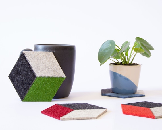 Set of hexagonal felt coasters - various colors