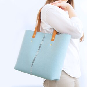 Wool Felt Tote Bag: Ice Blue Leather Strap Carryall