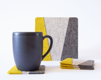 Set of felt coasters - gray and mustard - square coasters - wool felt coasters - geometric coasters - housewarming gift - made in Italy