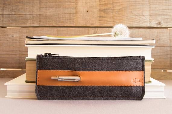 Felt and leather PENCIL CASE - charcoal and tan - made in Italy