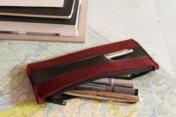 Felt and leather PENCIL CASE - maroon and black - made in Italy