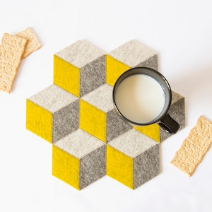 Geometric Wool Felt Table Mat: Gray, Mustard, Oatmeal - Handmade in Italy