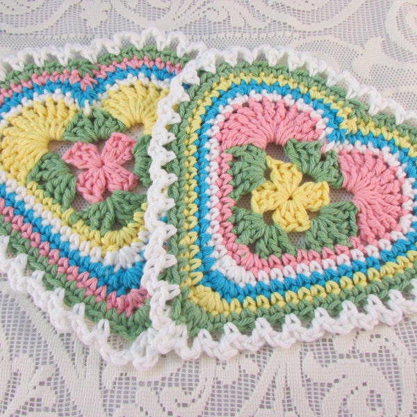 Heart Crochet Dishcloth Washcloth set of two 100% cotton pink yellow turquoise green granny square