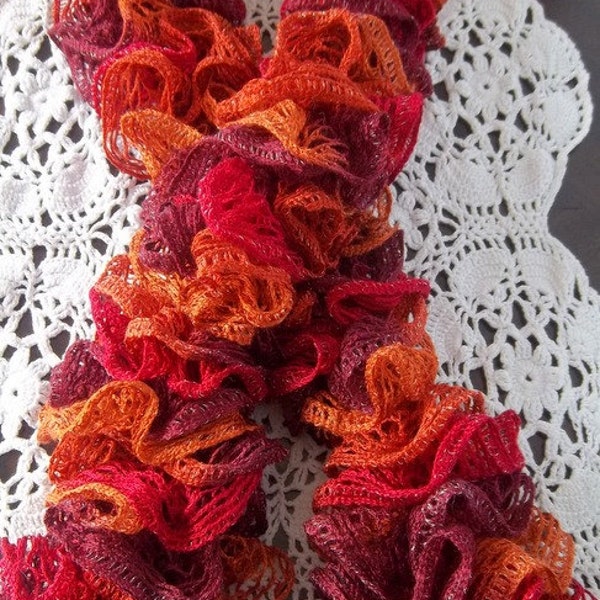 Hot Chili Ruffle Scarf hand knit fashion lace scarf red orange burgundy