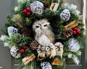 Owl Wreath, Owl Family Wreath, Winter Owl Wreath, Owls, Nature Wreath, Owls, Brown Owls