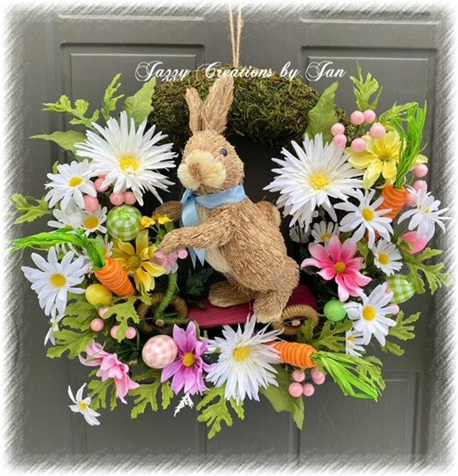 Bunny Moss Wreaths with Flowers, Greenery, Eggs and Twig Berries Bunny Moss Wreaths with Flowers, Greenery, Eggs and Twig Berries