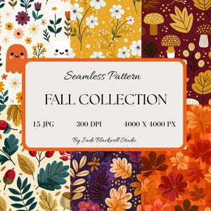 Fall Seamless Patterns Collection | 15 Floral Autumn Digital Papers | Cottagecore Seamless Repeat Patterns 4000x4000