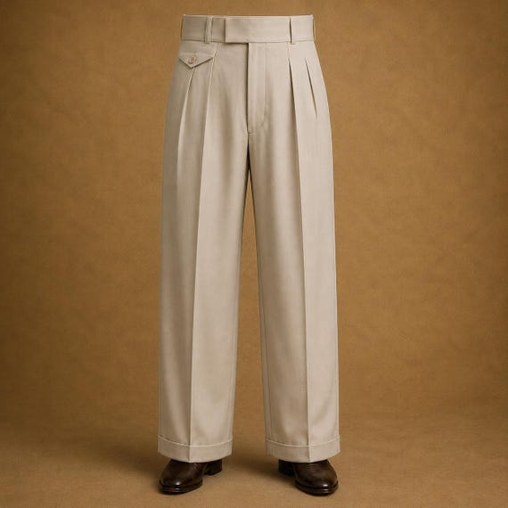 mens vintage dress pants Early 1900s Fishtail Double Pleated Trousers 32x27 67 inch Mens 1940s Pants High Waisted