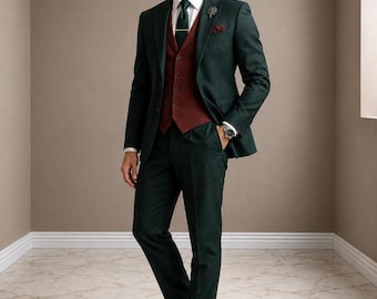 Emerald Green Men's 3 Piece Wedding Tuxedo Groom Prom Formal Tailored Blazer Set