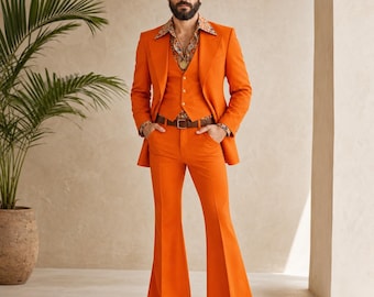 Men's Retro Orange 70s Disco Suit with Vest and Flared Pants