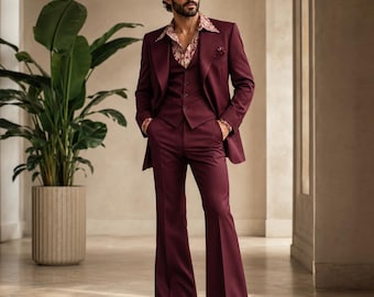 Men's Burgundy Retro Disco Suit Vintage 70s Flared Pants Suit Three Piece Wedding Outfit