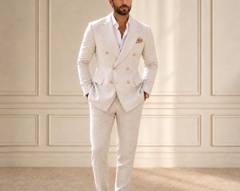 Men's Ivory Linen Double Breasted Suit | Old Money Summer Wedding Suit for Groom Beach Party Formal Tailored Outfit Menswear Look