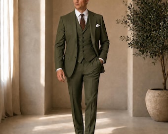 Costume homme vert olive trois pièces Costume de mariage Tenue formelle de marié sur mesure