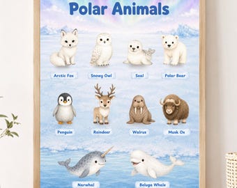 Polar Animals Watercolor Poster | Preschool Learning Chart (Digital Download)