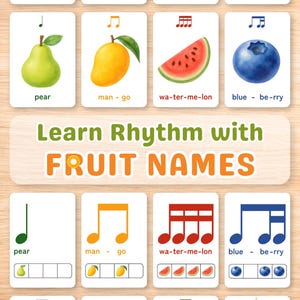 May include: A set of educational cards titled Learn Rhythm with Fruit Names, featuring illustrations of fruits like pears, mangoes, watermelons, and blueberries paired with musical notation symbols and rhythmic syllable breakdowns for learning music.
