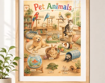 Pet Animals Poster | Immersive Watercolor Educational Printable | Nursery & Preschool Wall Art