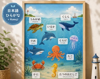 Japanese Ocean Animals Poster | Hiragana & Romaji Learning Chart | Instant Download PDF