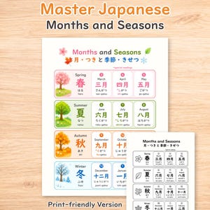 May include: An educational chart titled Master Japanese Months and Seasons, featuring colorful illustrations of seasonal landscapes and a grid displaying months in English, Japanese kanji, hiragana, and romaji, with a black and white print-friendly version.