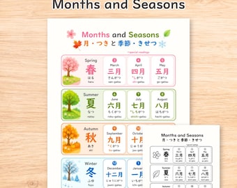 Japanese Months and Seasons Infographic Chart | Hiragana, Kanji, Romaji (Digital Download)